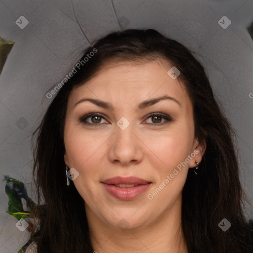 Joyful white adult female with long  brown hair and brown eyes