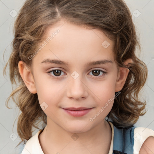 Joyful white child female with medium  brown hair and brown eyes