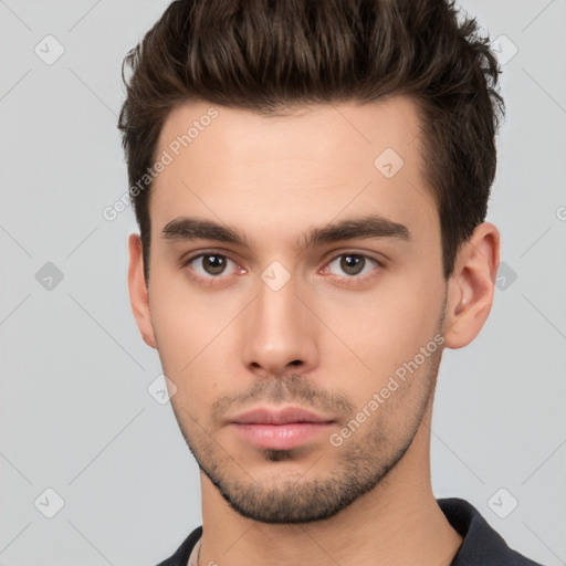 Neutral white young-adult male with short  brown hair and brown eyes