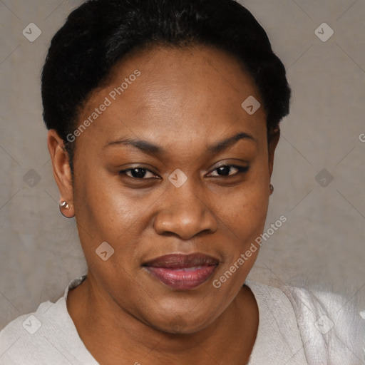 Joyful black adult female with short  brown hair and brown eyes