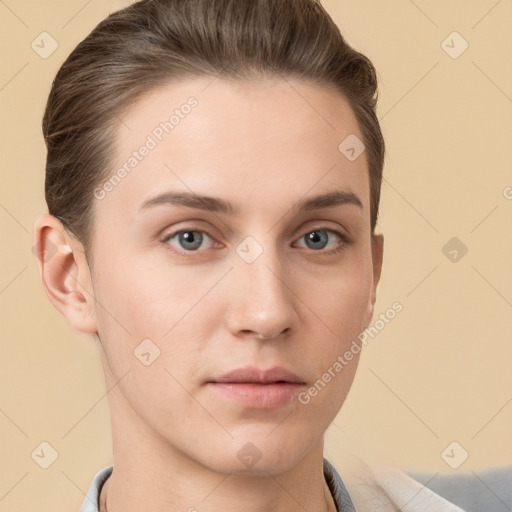 Neutral white young-adult female with short  brown hair and brown eyes