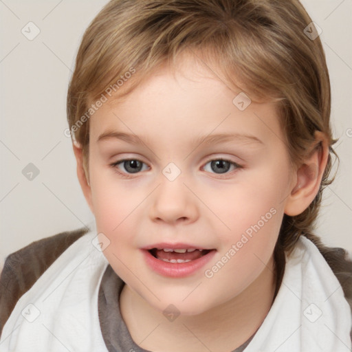 Joyful white child female with medium  brown hair and brown eyes