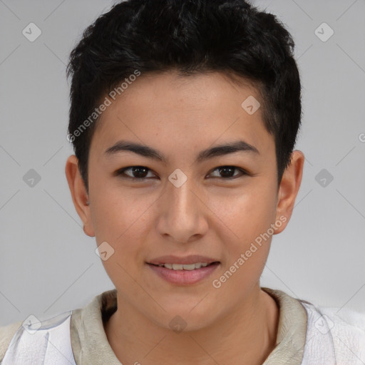 Joyful asian young-adult female with short  brown hair and brown eyes