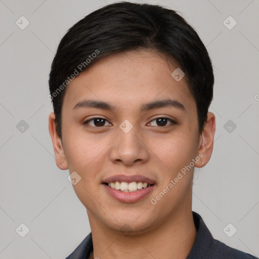 Joyful asian young-adult female with short  brown hair and brown eyes