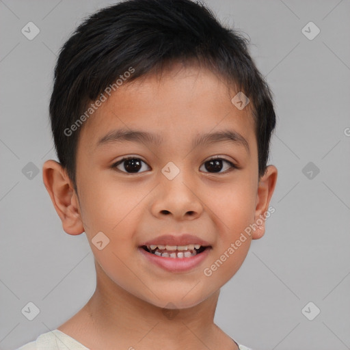 Joyful white child male with short  brown hair and brown eyes
