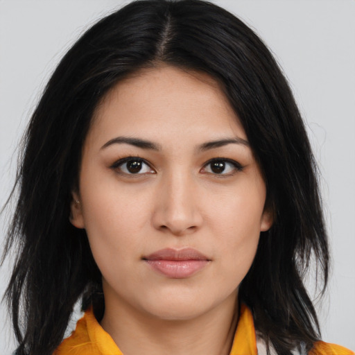 Neutral asian young-adult female with medium  black hair and brown eyes