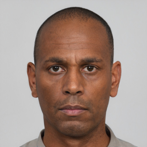 Neutral black adult male with short  black hair and brown eyes