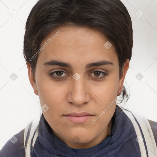 Joyful white young-adult female with short  brown hair and brown eyes