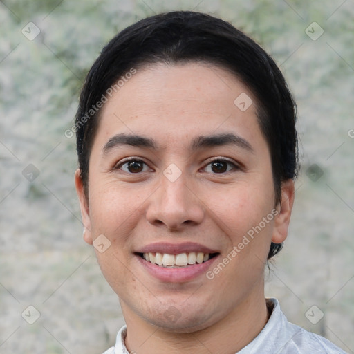 Joyful white young-adult male with short  black hair and brown eyes