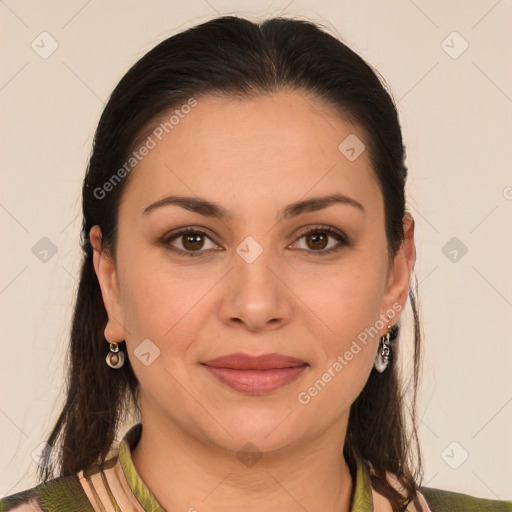 Joyful white young-adult female with long  brown hair and brown eyes