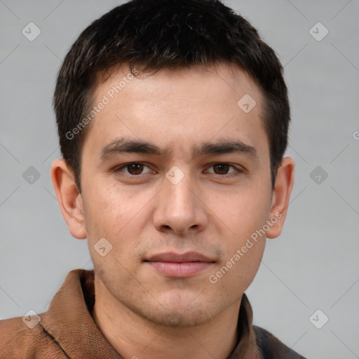 Neutral white young-adult male with short  brown hair and brown eyes