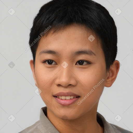 Joyful asian young-adult female with short  brown hair and brown eyes