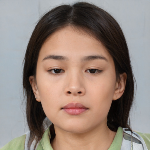 Neutral asian young-adult female with medium  brown hair and brown eyes