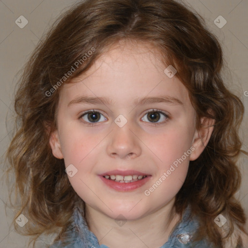 Joyful white child female with medium  brown hair and brown eyes