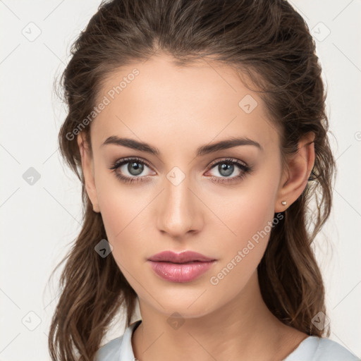 Neutral white young-adult female with long  brown hair and brown eyes