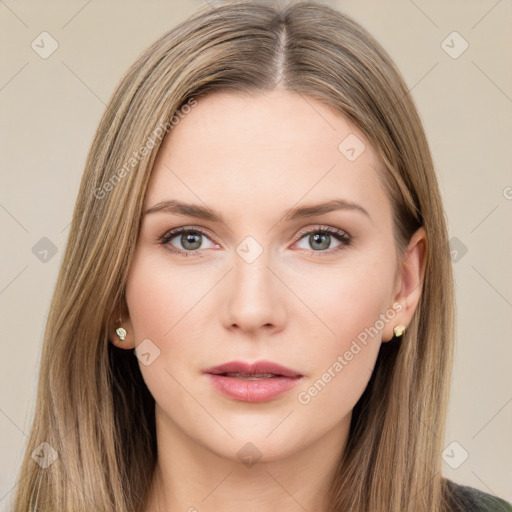 Neutral white young-adult female with long  brown hair and brown eyes