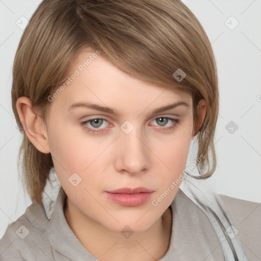 Neutral white young-adult female with medium  brown hair and grey eyes