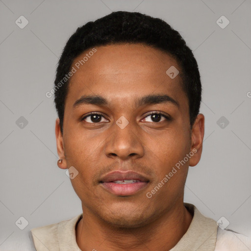 Neutral black young-adult male with short  black hair and brown eyes