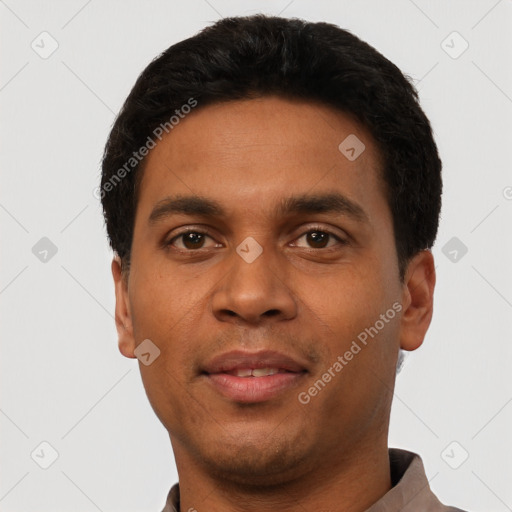 Neutral latino young-adult male with short  black hair and brown eyes