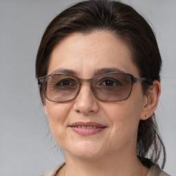 Joyful white adult female with medium  brown hair and brown eyes