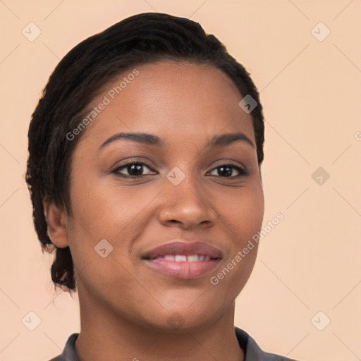 Joyful latino young-adult female with short  brown hair and brown eyes