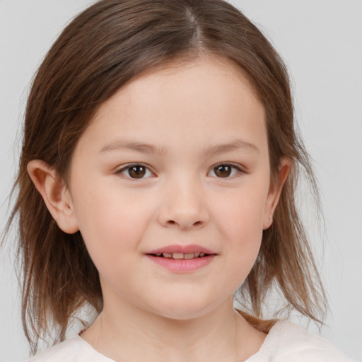 Joyful white child female with medium  brown hair and brown eyes