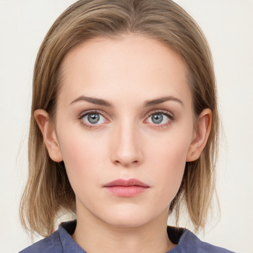 Neutral white young-adult female with medium  brown hair and blue eyes