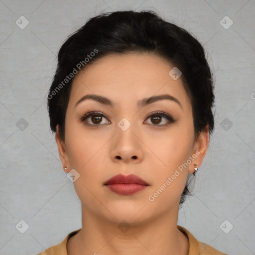 Neutral asian young-adult female with short  black hair and brown eyes