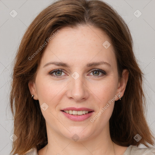 Joyful white young-adult female with medium  brown hair and green eyes