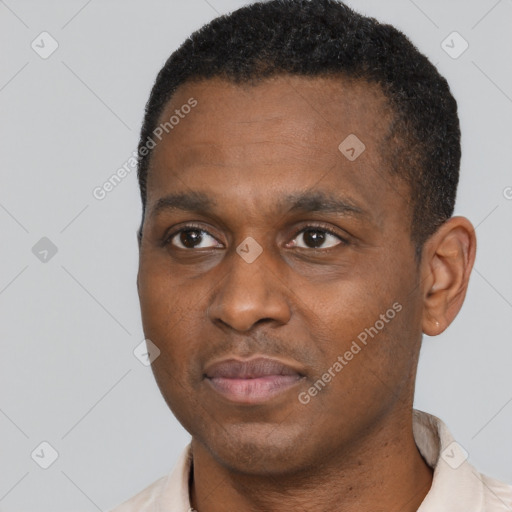 Neutral black adult male with short  black hair and brown eyes