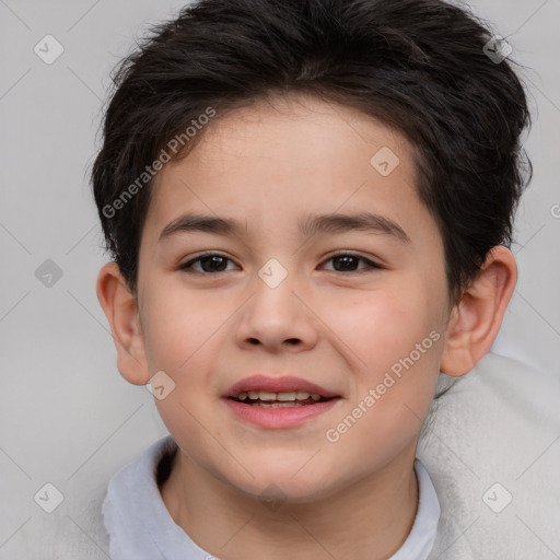 Joyful white child female with short  brown hair and brown eyes