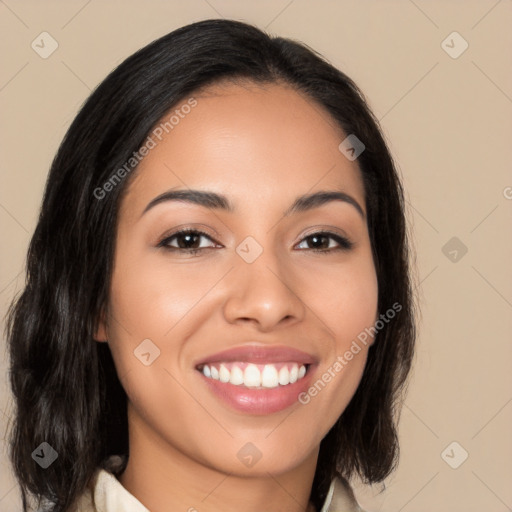 Joyful latino young-adult female with medium  brown hair and brown eyes