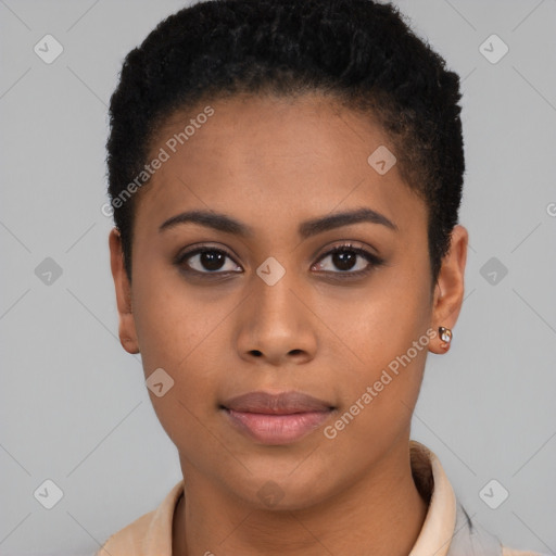 Neutral latino young-adult female with short  brown hair and brown eyes