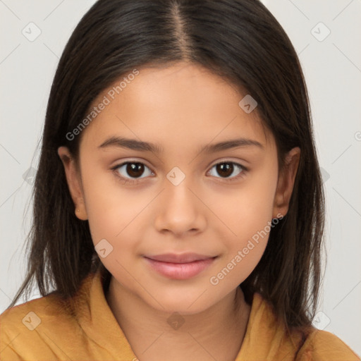 Joyful white child female with medium  brown hair and brown eyes