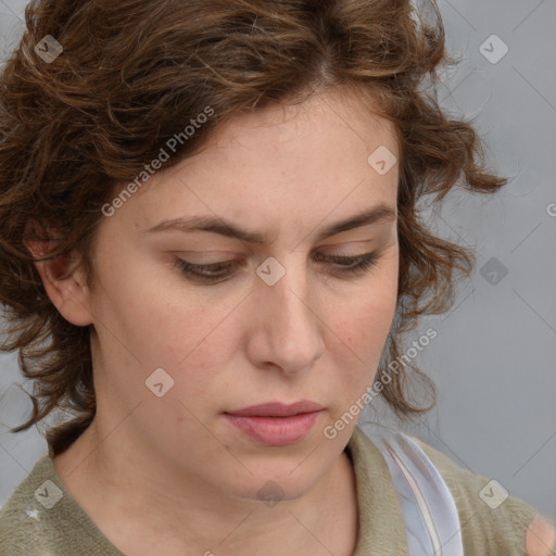 Neutral white young-adult female with medium  brown hair and brown eyes