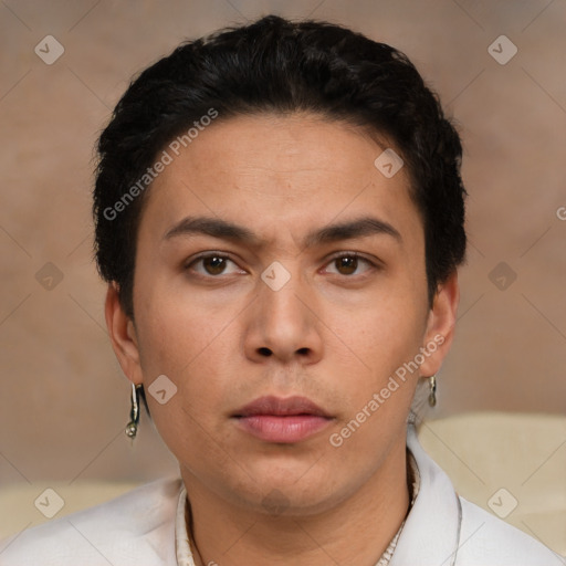 Neutral asian young-adult male with short  black hair and brown eyes