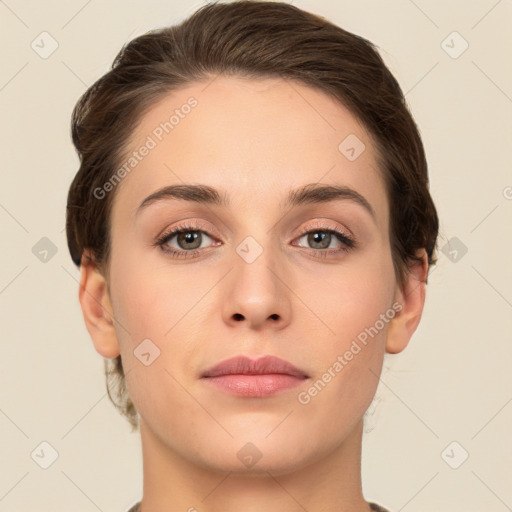 Neutral white young-adult female with short  brown hair and brown eyes