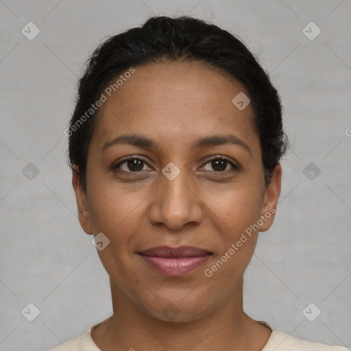 Joyful latino young-adult female with short  brown hair and brown eyes