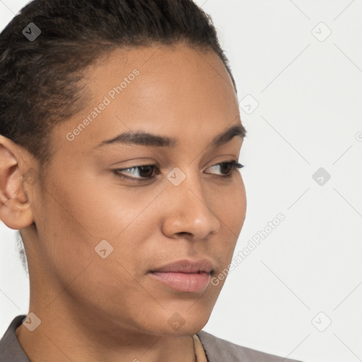 Neutral latino young-adult female with short  brown hair and brown eyes