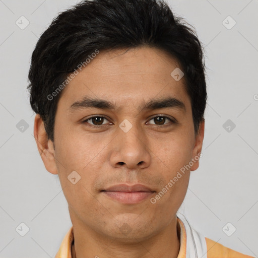 Neutral asian young-adult male with short  brown hair and brown eyes