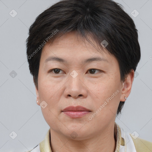 Joyful white adult female with short  brown hair and brown eyes