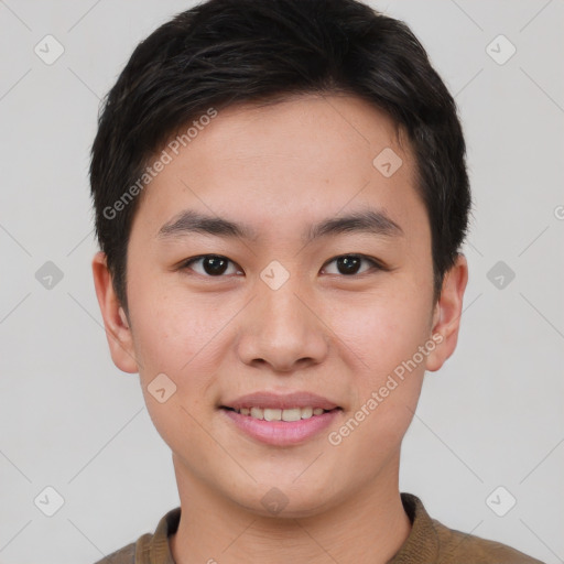 Joyful asian young-adult male with short  brown hair and brown eyes