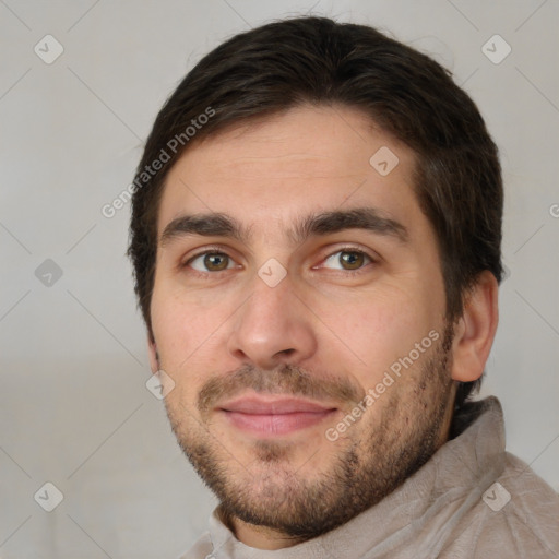 Joyful white young-adult male with short  brown hair and brown eyes