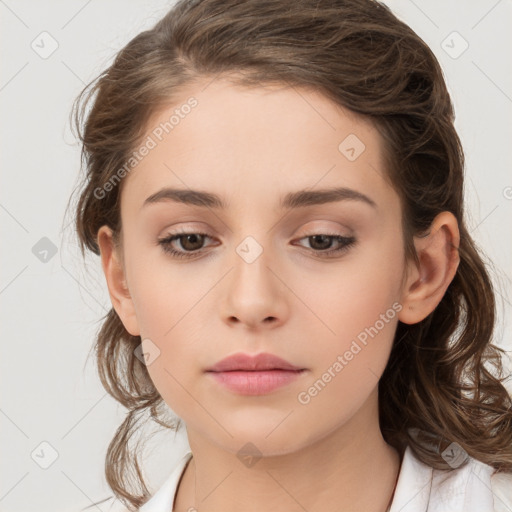 Neutral white young-adult female with medium  brown hair and brown eyes