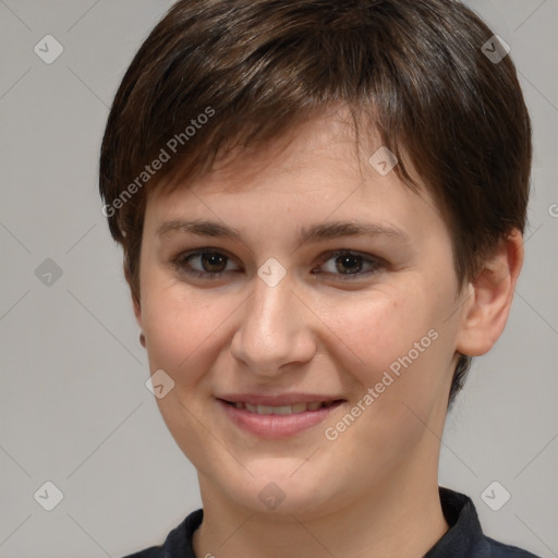 Joyful white young-adult female with short  brown hair and brown eyes