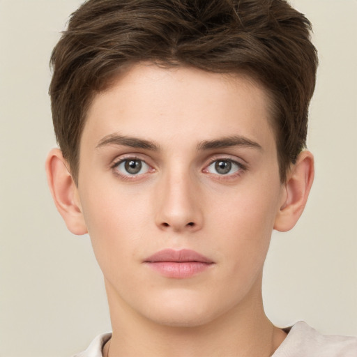 Neutral white young-adult male with short  brown hair and grey eyes