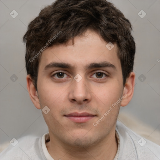 Neutral white young-adult male with short  brown hair and grey eyes