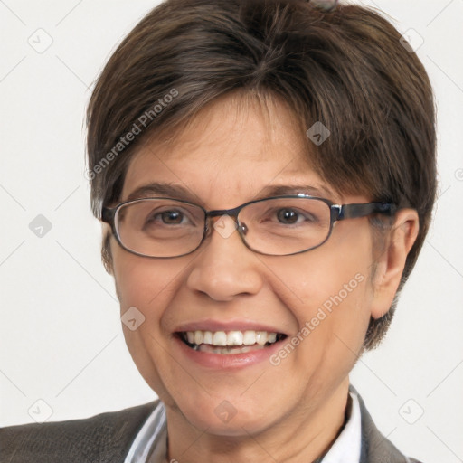 Joyful white adult female with short  brown hair and brown eyes