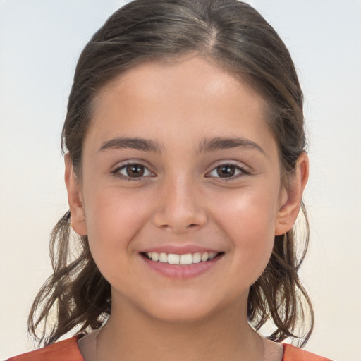 Joyful white child female with medium  brown hair and brown eyes