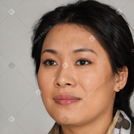 Joyful asian adult female with medium  brown hair and brown eyes